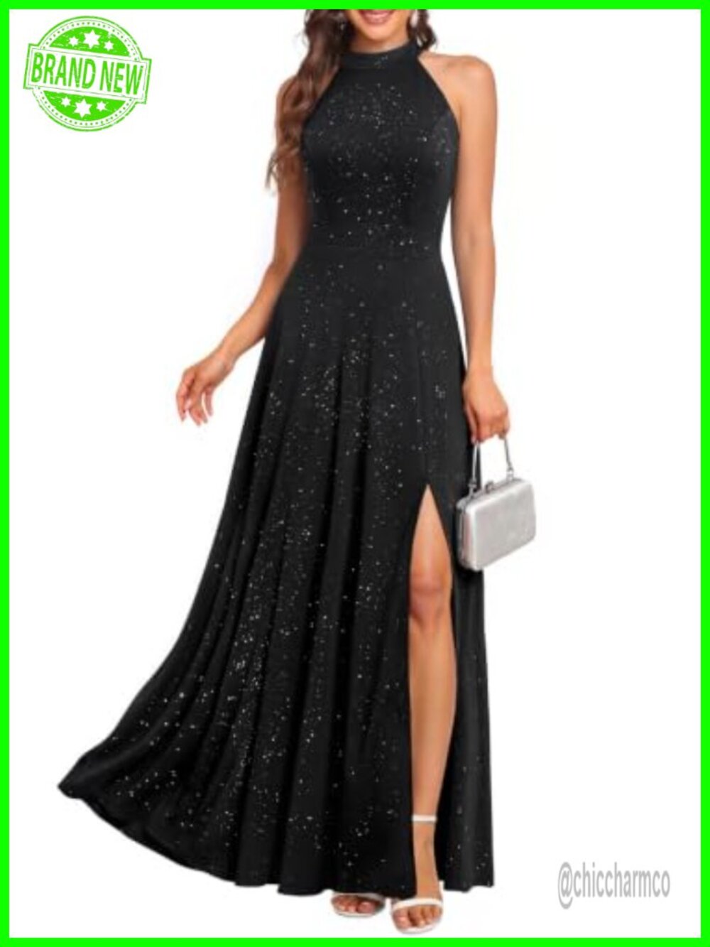 Glitter Halter Formal Evening Prom Long Dress with High Slit